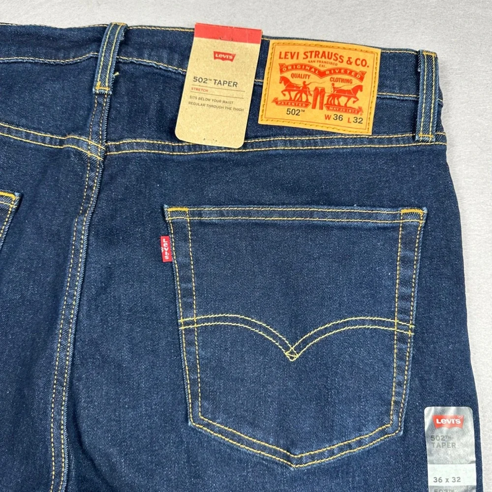 Levis 502 Taper Jeans Mens 36x32 Dark Indigo Blue Stretch Denim NEW 295073196